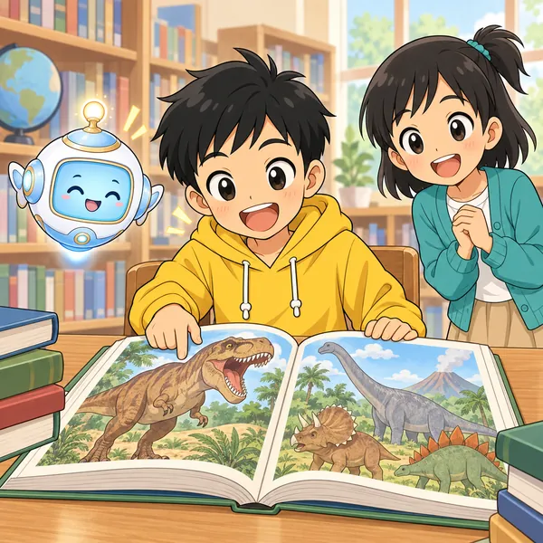 図書館。ハルが恐竜の本を読んで「へえ！」と目をかがやかせている