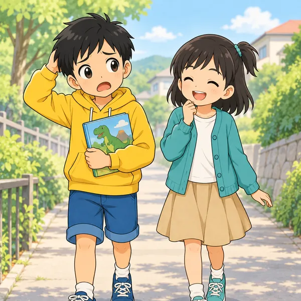 帰り道。ハルが「なんだったっけ?」と頭をかいて忘れている