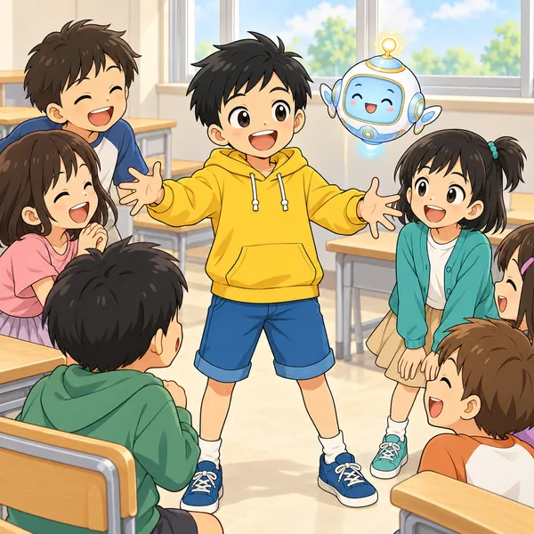休み時間、ハルが友だちの輪の中で、みんなを笑わせている。