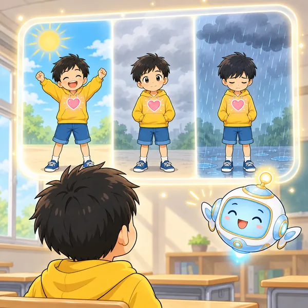 AIロボットが、晴れ・くもり・雨のどの空の下の子にもハートが光る絵を見せている。