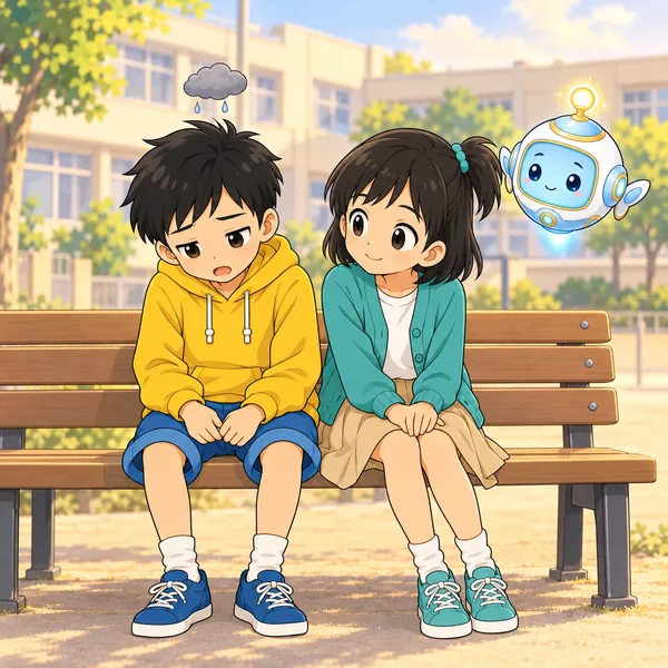 放課後、ハルがミオに元気がないと話し、ミオが静かにうなずいている。