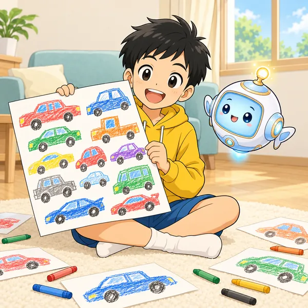 ハルが、たくさんの車の絵を得意そうに見せている。