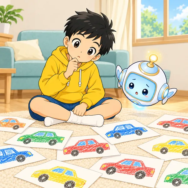 同じような車の絵が並び、ハルが首をかしげている。