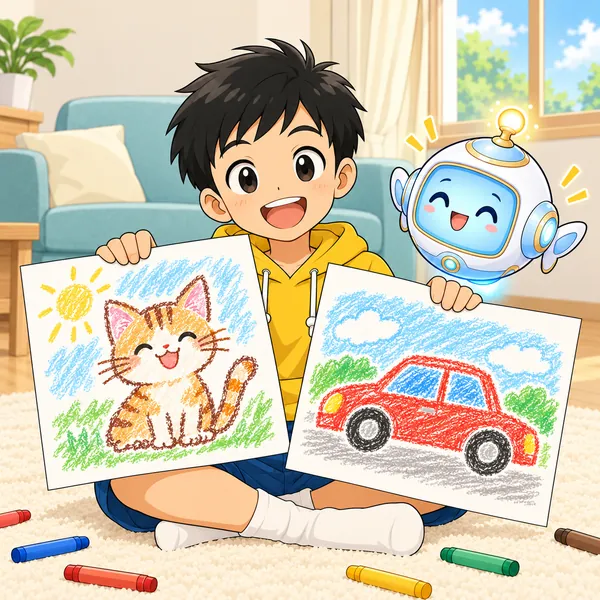 ハルが、ねこの絵と新しい車の絵を並べて笑っている。