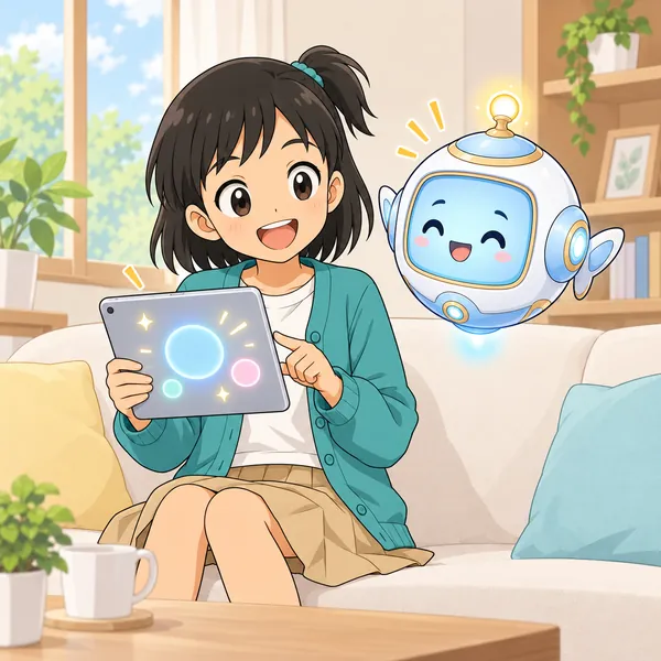 ミオがリビングのソファで、タブレットのAIと楽しそうに話している。