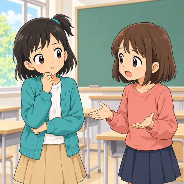 休み時間、友だちとの意見がちがって、ミオが気まずそうにしている。