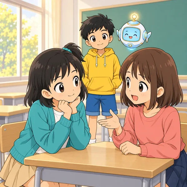 放課後、ミオが友だちの話を興味深そうに聞いている。