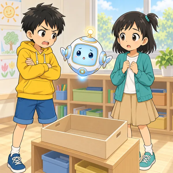 教室で、係の道具がなく、ハルがミオにいつもそうだと言っている。