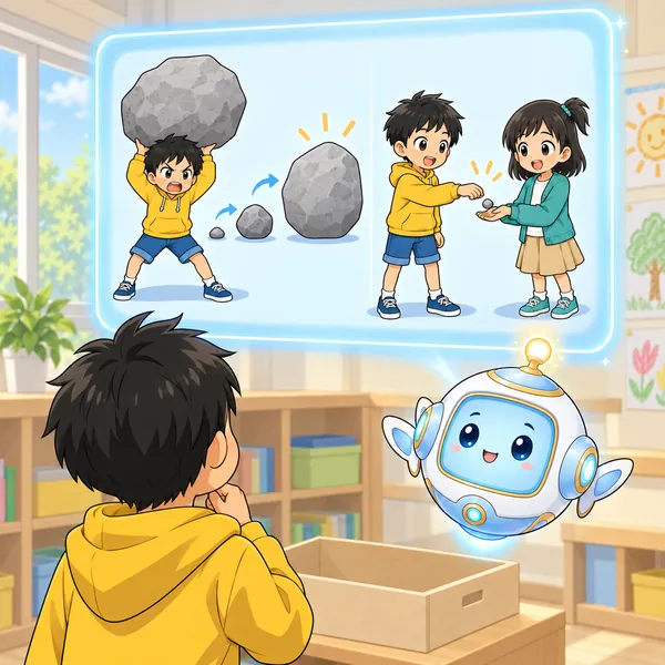 AIロボットが、小さな石を大きくして投げる子と、小さな石を一つだけ手わたす子の絵を見せている。