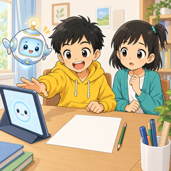 ハルが自由研究のテーマを前に、何も考えずにすぐタブレットのAIに聞こうと手を伸ばしている