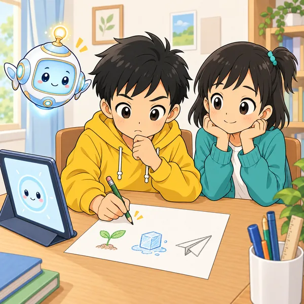 ハルが紙に、自分の思いついたことを3つ書き出している