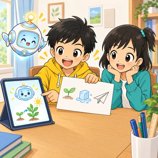 ハルがその紙を見ながらAIに質問し、画面の答えを見て「そうか!」と目をかがやかせている
