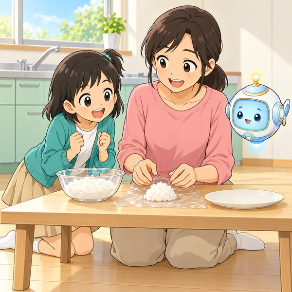 ミオの母がおにぎりをにぎろうとし、ミオが身を乗り出している。
