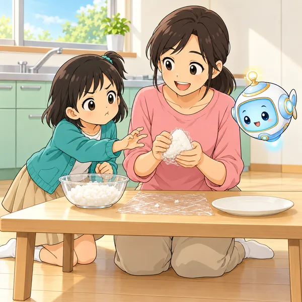 おにぎりがほとんどできあがり、ミオが口をとがらせている。