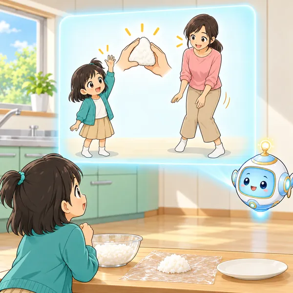 AIロボットが、子どもが手をあげて伝え、大人が見守る絵を見せている。