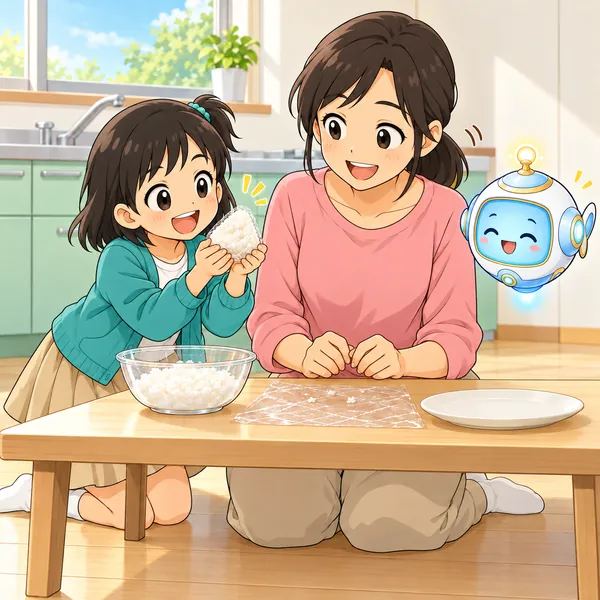 ミオが自分でにぎったでこぼこのおにぎりを見せている。