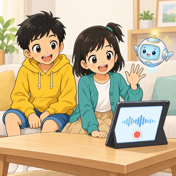 ミオが笑顔でタブレットに向かって話し、録音している。ハルがとなりで見ている。