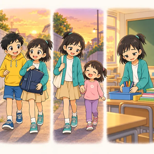 ミオが、友だちの手伝いや近所の子のお世話、係の仕事を次々にがんばっている。