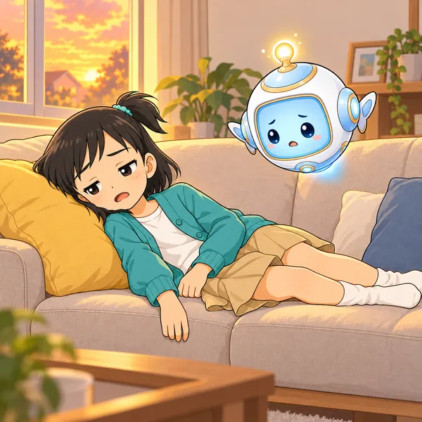 夕方、ミオがソファにたおれこみ、ぐったりしている。