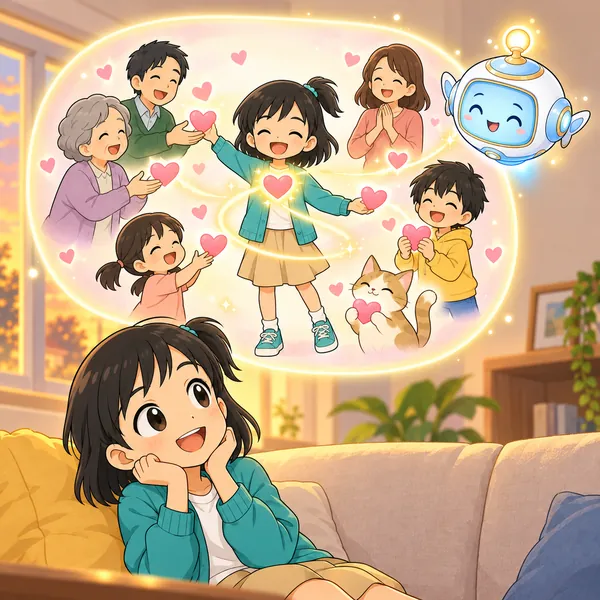 AIロボットが、ハートを配る子の胸にもハートがもどる絵を見せている。