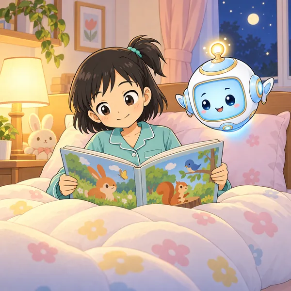 夜、ミオがふとんで好きな本を開いて、ほっとしている。