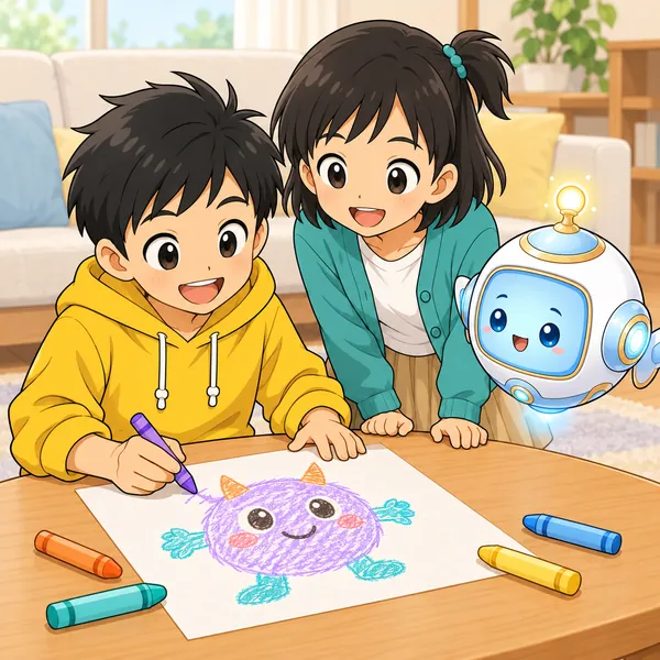 リビングのテーブルで、ハルがクレヨンで自分で考えたふしぎな生きものの絵を描き、ミオがのぞきこんでいる。