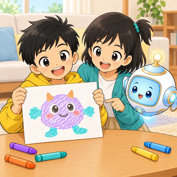 描き終えた絵を照れながら持つハルを、ミオがにこにこして指さしている。
