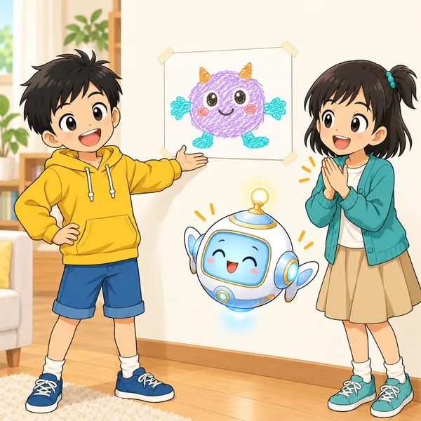 ハルが自分の絵を壁にはって胸をはり、ミオが拍手している。