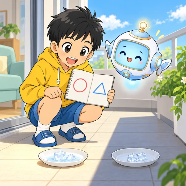 ハルがベランダで、日なたと日かげの氷を見くらべている。