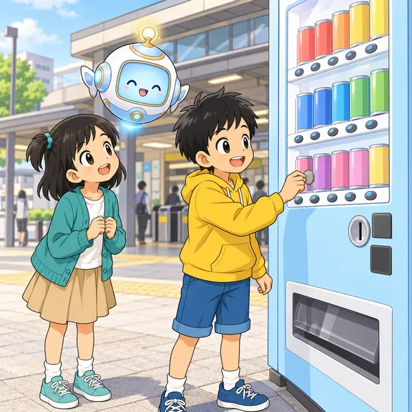 駅前の自動販売機の前で、ミオがふしぎそうに見上げ、ハルが硬貨を入れようとしている。