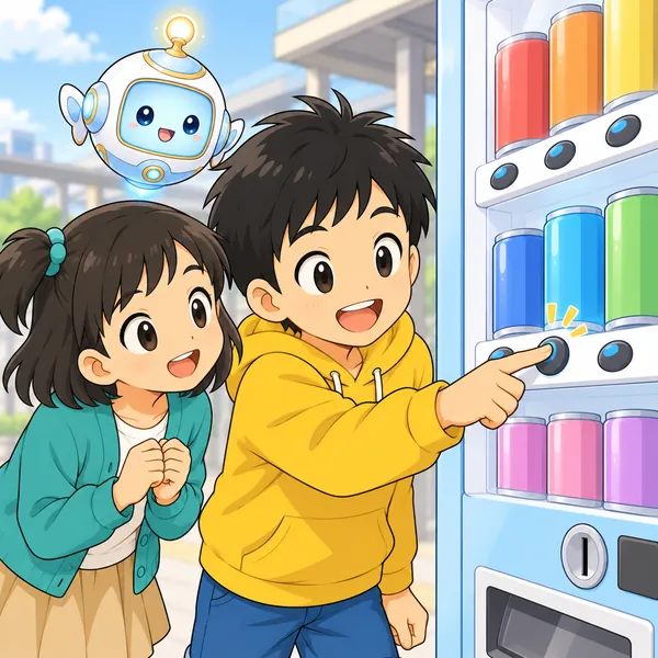 ハルが自動販売機のボタンを指で押し、ミオが横からのぞきこんでいる。