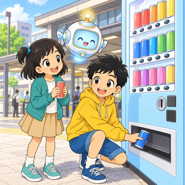 取り出し口から缶を取り出したハルと、飲み物を持ったミオが笑顔になっている。