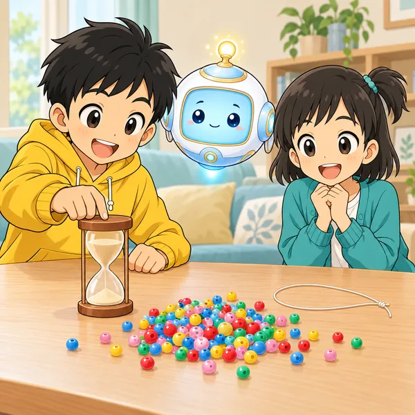 ハルが砂時計をひっくり返して、ビーズのブレスレットを作り始めている。
