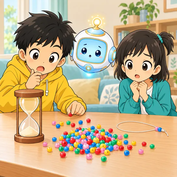 まざったビーズから色を選ぶうちに砂が落ちきり、ハルが気づいている。