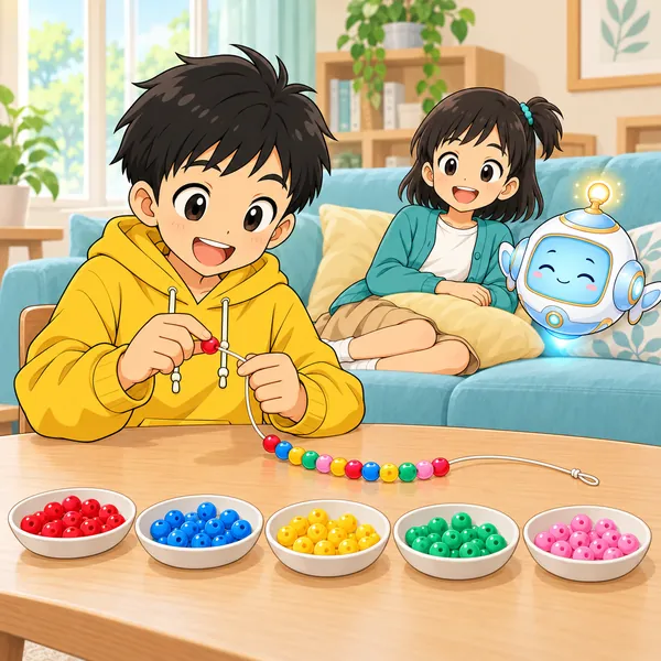 色ごとの小皿でハルがすいすい作り、ミオとアイがのんびり休んでいる。
