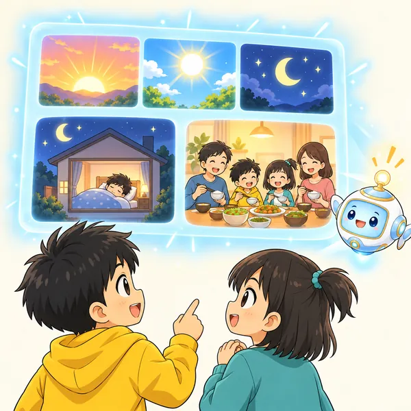 AIロボットが、朝・昼・夜の絵と、ねる時間や家族の時間の絵を見せている。