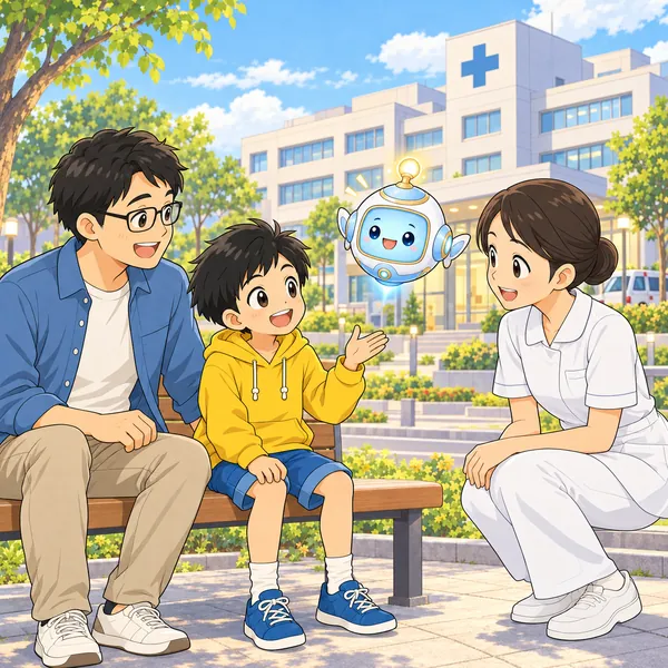 ハルが父といっしょに、病院の前で看護師さんに質問している。