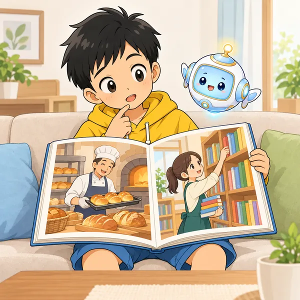 ハルが仕事の絵本を開いて、パン屋と本屋のページを見比べてまよっている。
