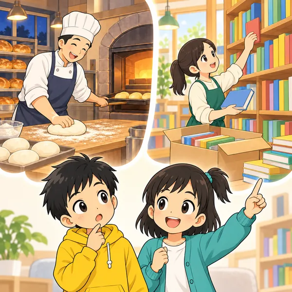 ミオが、朝早くパンを焼く人と、本を運んで並べる人のちがいを話している。