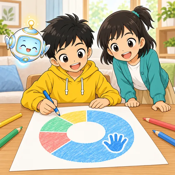 ハルが、手を動かす時間が大きい輪をかいて、ほほえんでいる。