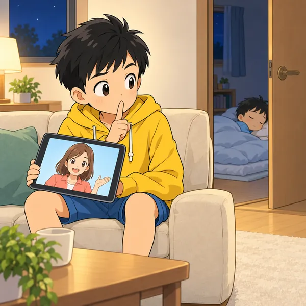 夜のリビングで、となりの部屋で眠る小さな子を気にして、ハルが口に指をあてている。