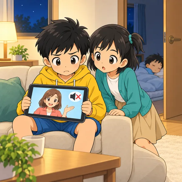 音を消したタブレットを見て、ハルが何を言っているか分からずこまっている。