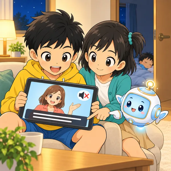 画面の下に字幕の帯が出ていて、AIロボットがそれを指さし、ミオが見ている。