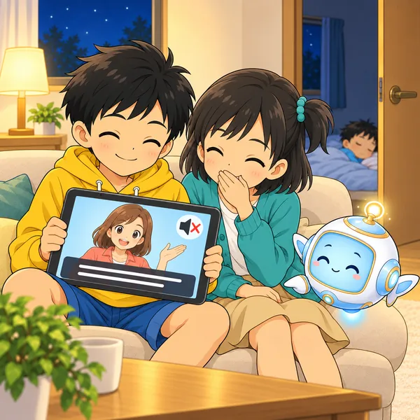 ハルとミオが音を消したまま動画を見て、声を出さずに笑っている。小さな子は眠ったまま。