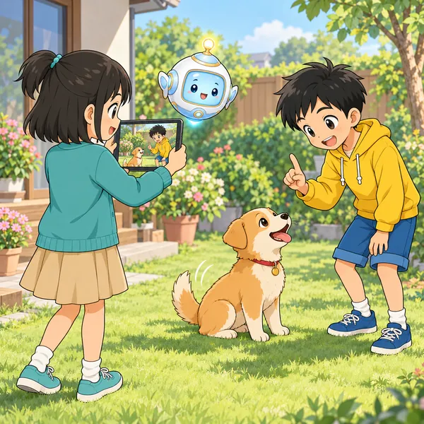 庭で、ハルとミオが犬におすわりを教えるところを動画にとっている。