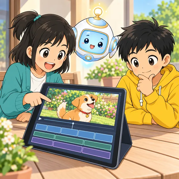 ハルとミオが動画編集の画面を見て、字幕の枠を前に考えている。