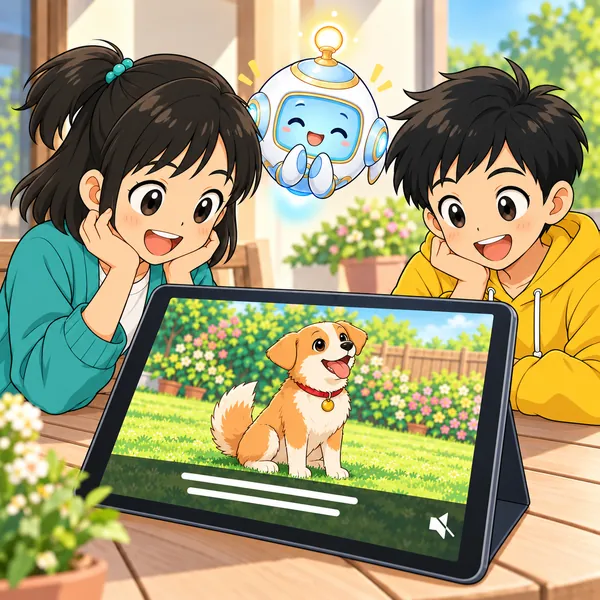 音を消した完成動画に字幕が出ていて、ハルとミオとAIロボットが満足そうに笑っている。