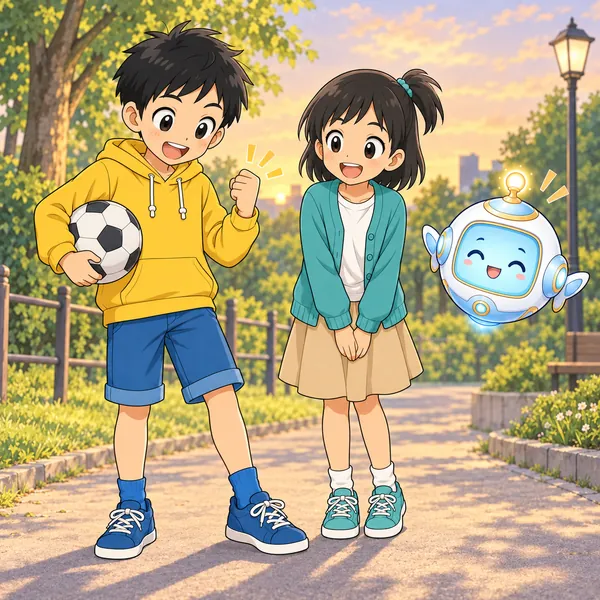 ハルが、青いくつ下をはいてガッツポーズをしている。