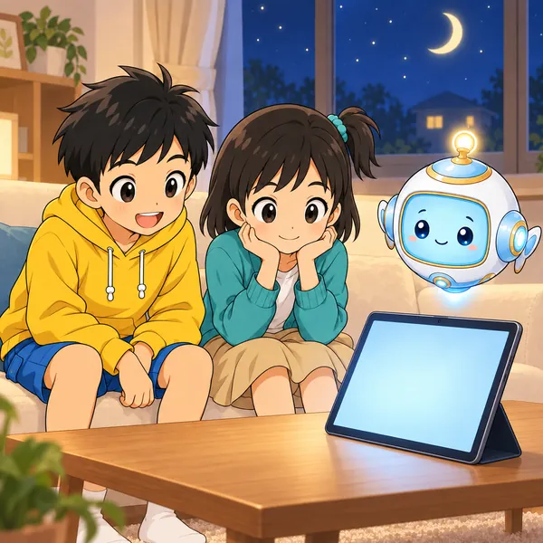 夜のミオの家で、ミオがタブレットのテレビ電話の画面を見て待っている。