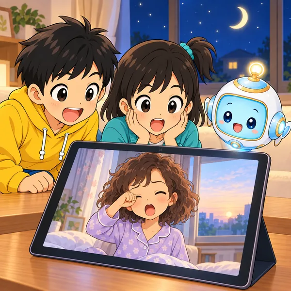 画面に、明け方の部屋で目をこするいとこが映り、ミオがおどろいている。